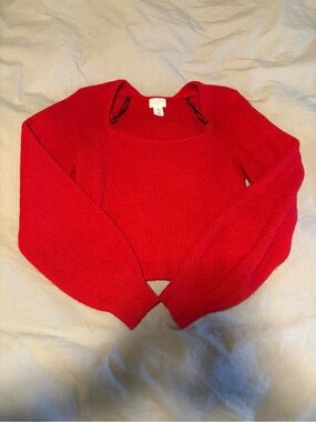 H&M Red Square-Neck Ribbed Knit Sweater